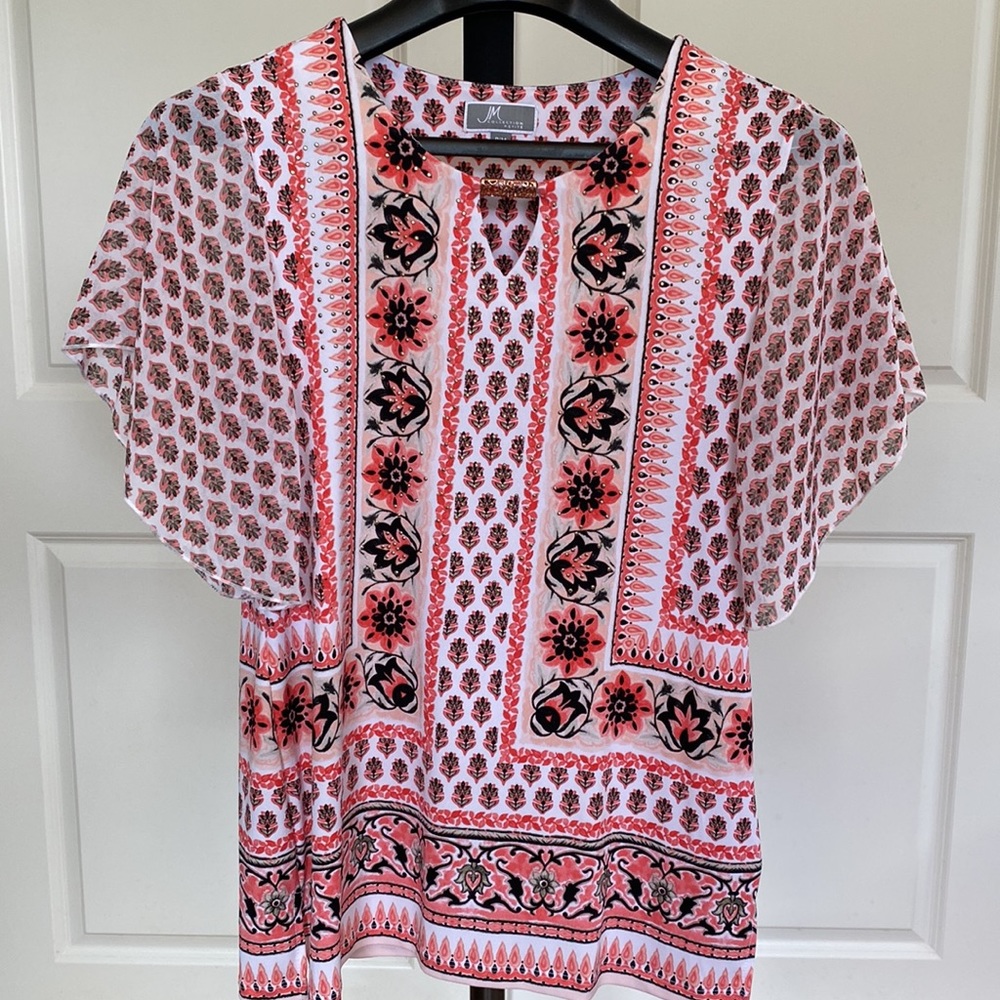 JM Collection Petite Casual Peachy Pink Floral Blouse